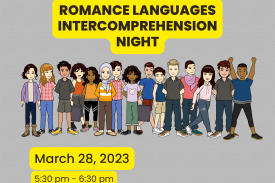 Flyer for Romance Languages Intercomprehension night with a group of people and the event date of March 28, 2023